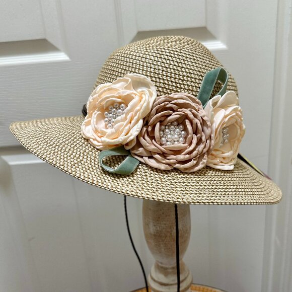 Elegant Women's Tweed Sun Hat With Satin Flowers And Pearls Special Event (NEW) - Picture 2 of 14